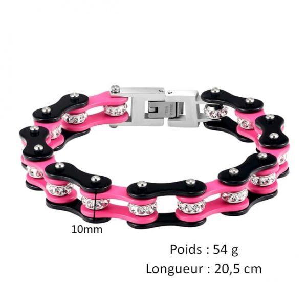 caractéristiques-du-bracelet-chaine-de-moto-pour-femme-noir-et-rose
